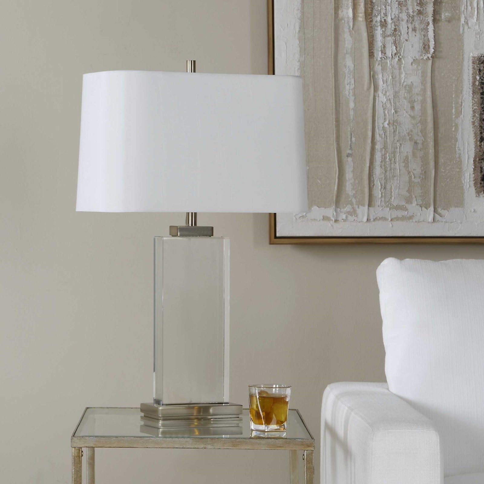 Uttermost Genevieve 28.75in 1-Light Table Lamp | Crystal and Antique Brass Iron with White Linen Shade | Living Room & Bedroom | Model 30840