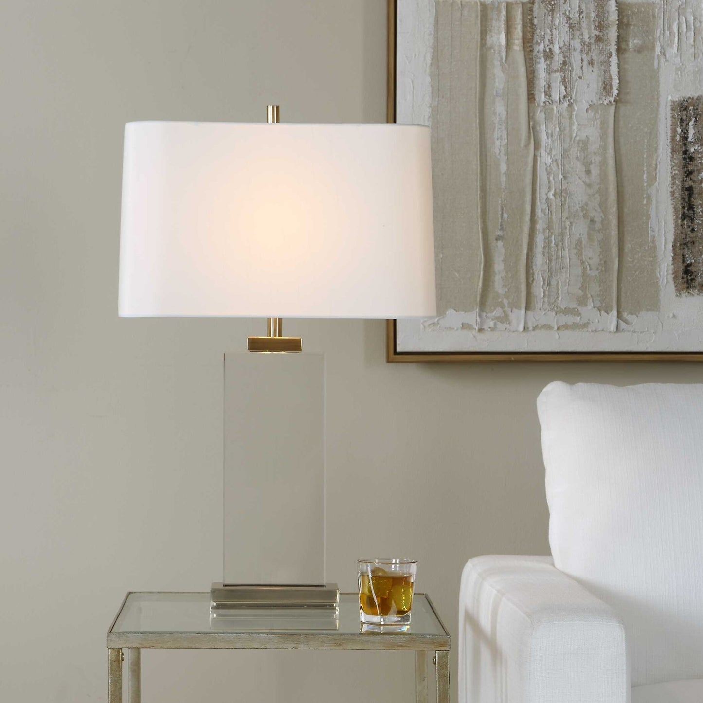 Uttermost Genevieve 28.75in 1-Light Table Lamp | Crystal and Antique Brass Iron with White Linen Shade | Living Room & Bedroom | Model 30840
