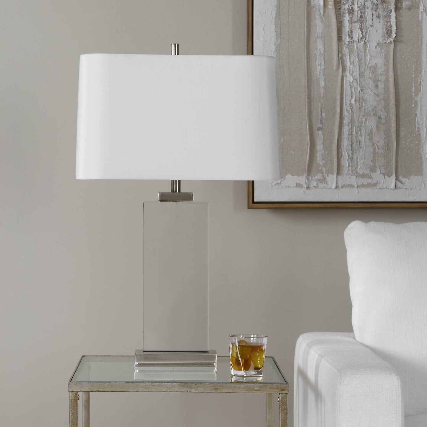 Uttermost Genevieve 28.75in 1-Light Table Lamp | Crystal and Antique Brass Iron with White Linen Shade | Living Room & Bedroom | Model 30840