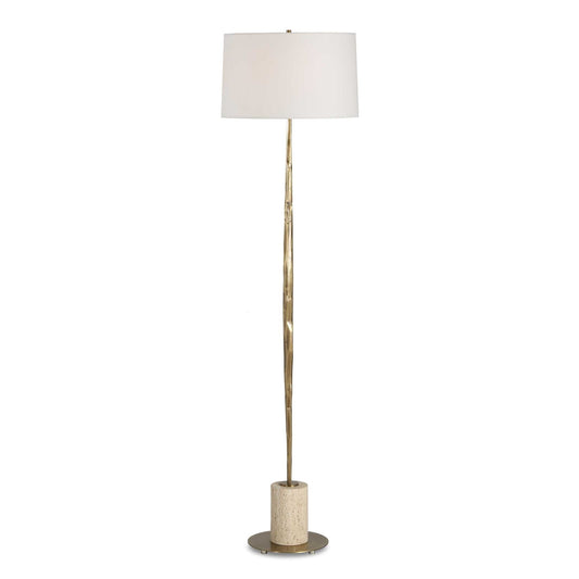 Uttermost Halen 64.25in 1-Light Floor Lamp | Antique Brass and Travertine with White Linen Shade | Living Room & Reading Nook | Model 30841
