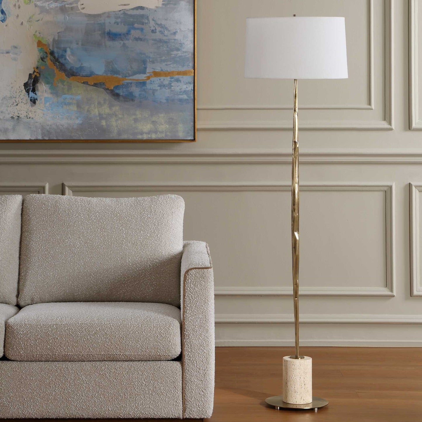 Uttermost Halen 64.25in 1-Light Floor Lamp | Antique Brass and Travertine with White Linen Shade | Living Room & Reading Nook | Model 30841