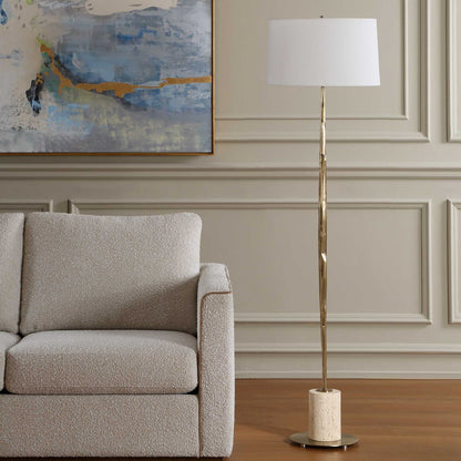 Uttermost Halen 64.25in 1-Light Floor Lamp | Antique Brass and Travertine with White Linen Shade | Living Room & Reading Nook | Model 30841