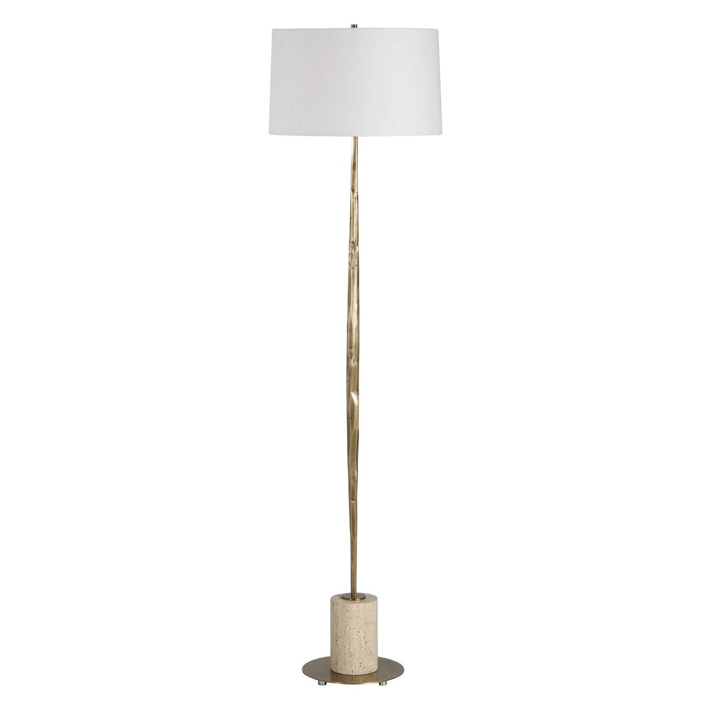 Uttermost Halen 64.25in 1-Light Floor Lamp | Antique Brass and Travertine with White Linen Shade | Living Room & Reading Nook | Model 30841