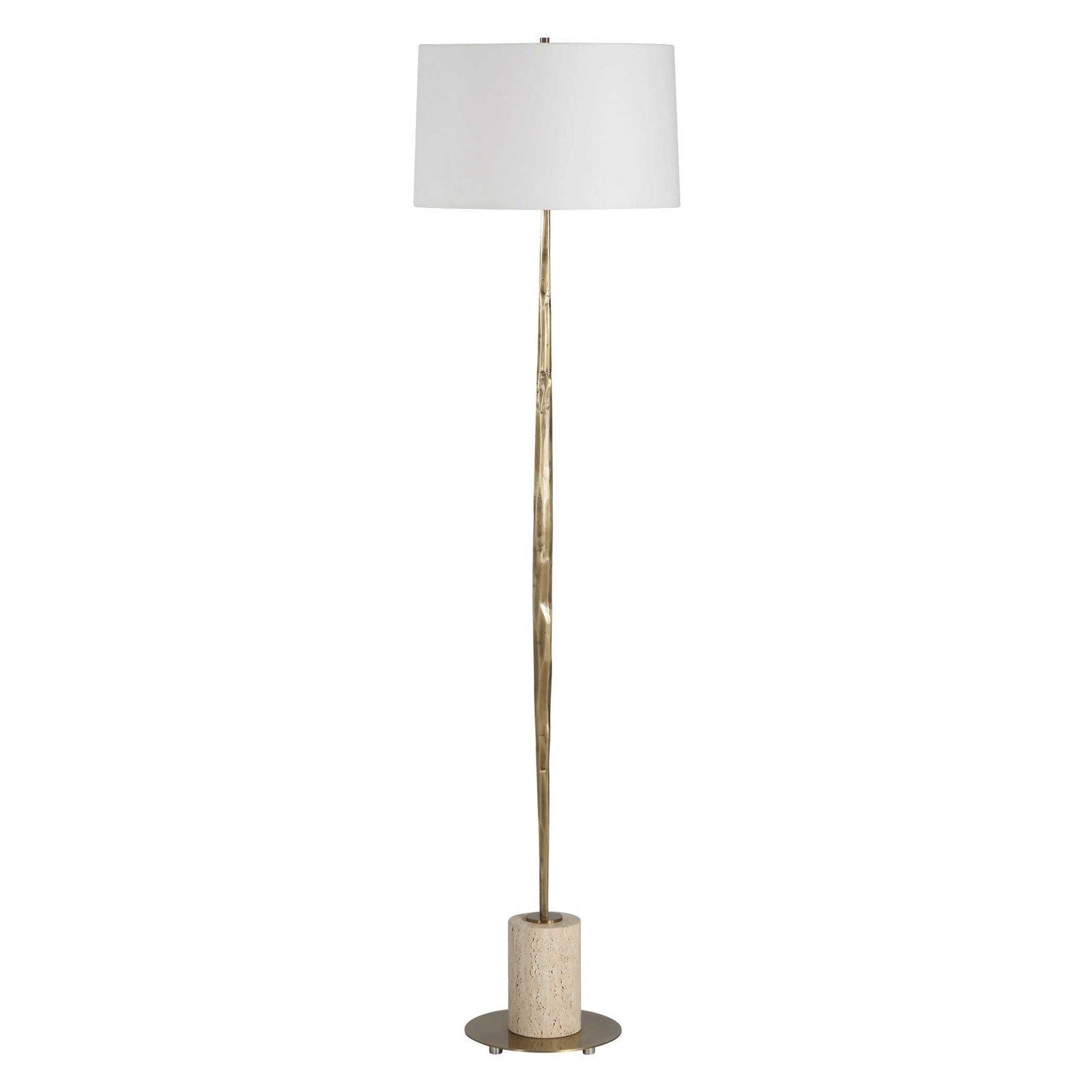 Uttermost Halen 64.25in 1-Light Floor Lamp | Antique Brass and Travertine with White Linen Shade | Living Room & Reading Nook | Model 30841