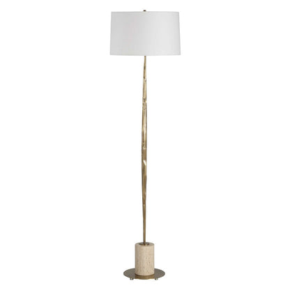 Uttermost Halen 64.25in 1-Light Floor Lamp | Antique Brass and Travertine with White Linen Shade | Living Room & Reading Nook | Model 30841