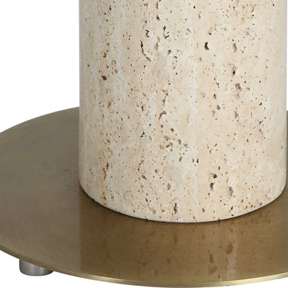 Uttermost Halen 64.25in 1-Light Floor Lamp | Antique Brass and Travertine with White Linen Shade | Living Room & Reading Nook | Model 30841