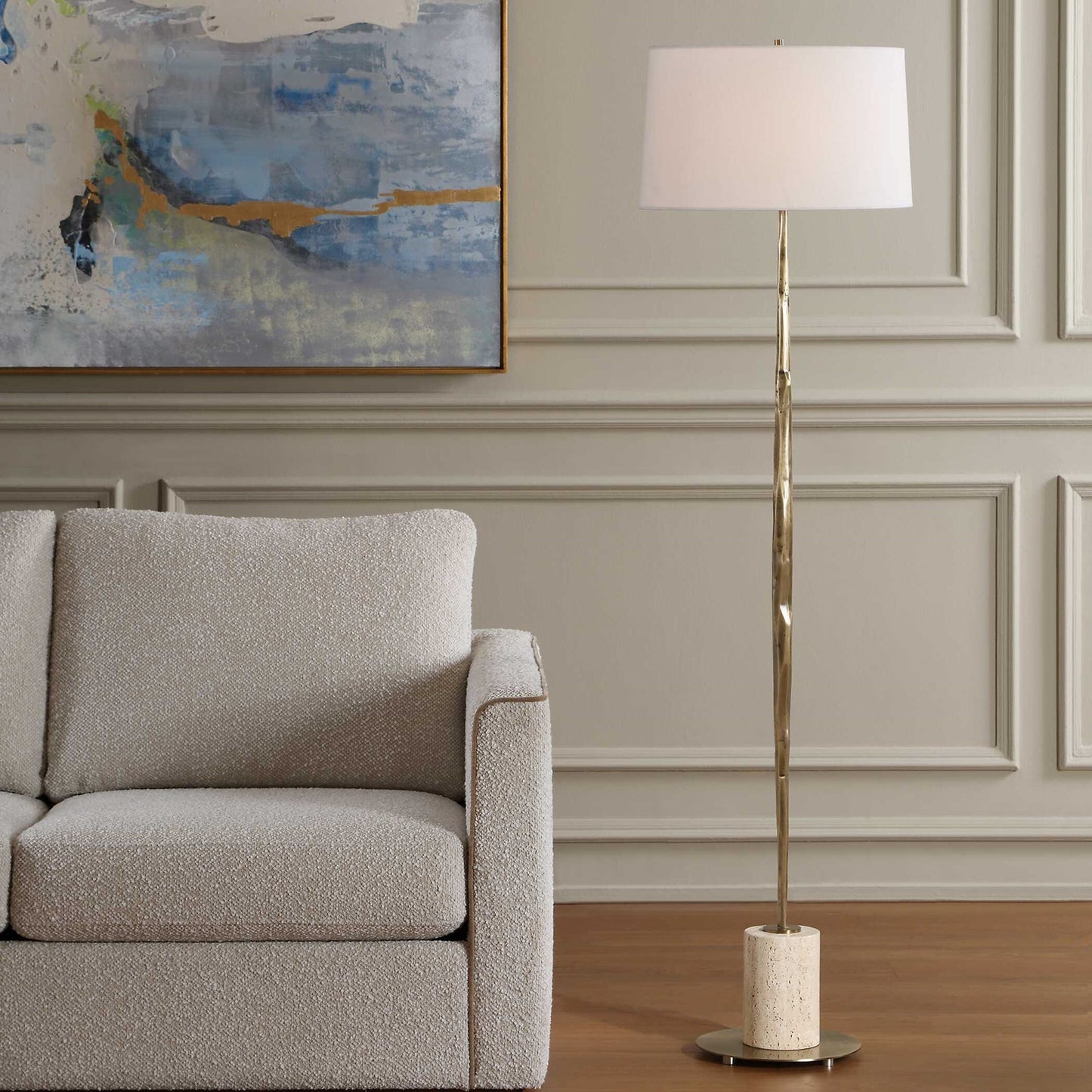 Uttermost Halen 64.25in 1-Light Floor Lamp | Antique Brass and Travertine with White Linen Shade | Living Room & Reading Nook | Model 30841