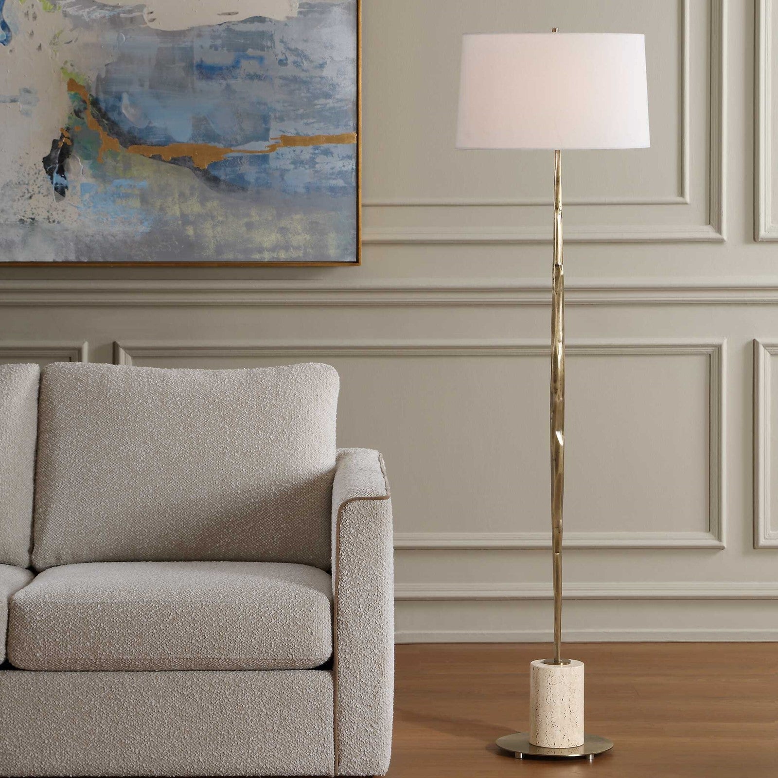 Uttermost Halen 64.25in 1-Light Floor Lamp | Antique Brass and Travertine with White Linen Shade | Living Room & Reading Nook | Model 30841