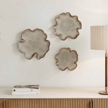 Uttermost Selene 16.1in Gray Earthenware Wall Decor S/3 | Mottled Glaze with Caramel Edging | Living Room & Entryway Accent | Model 3513