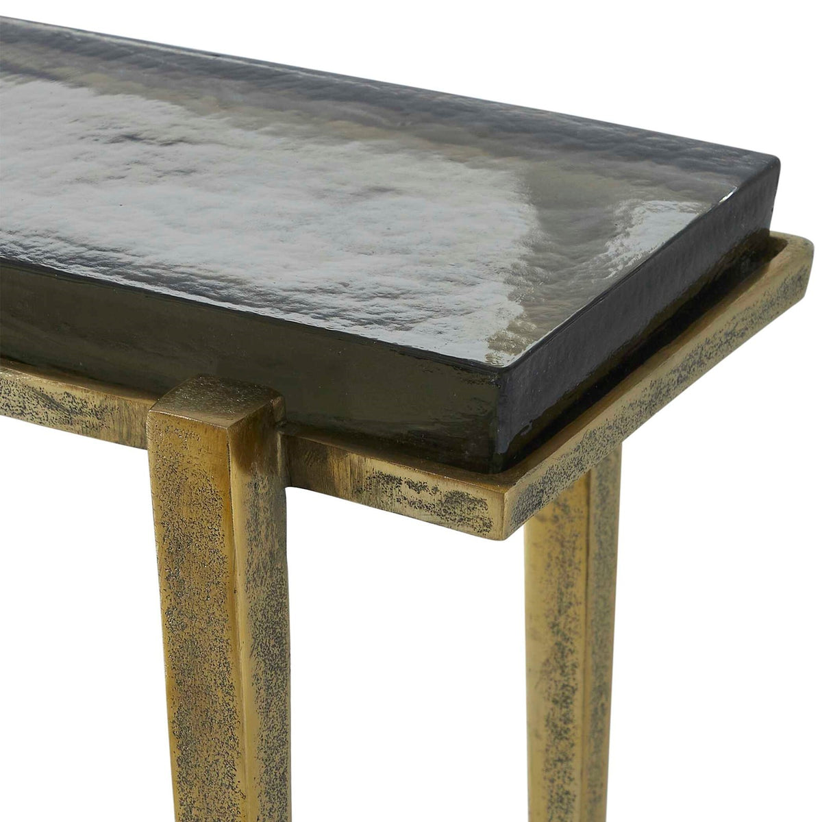 Uttermost Preston 24.8in Rectangular Accent Table | Antiqued Brass Aluminum Frame with Cast Glass Top | Living Room & Entryway | Model 50581