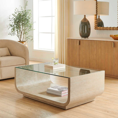 Uttermost Maeva Modern Glass Coffee Table | Ash Burl & Oak Veneer Curved Base | Living Room & Lounge | 46 x 28 x 17 in | Model 51156