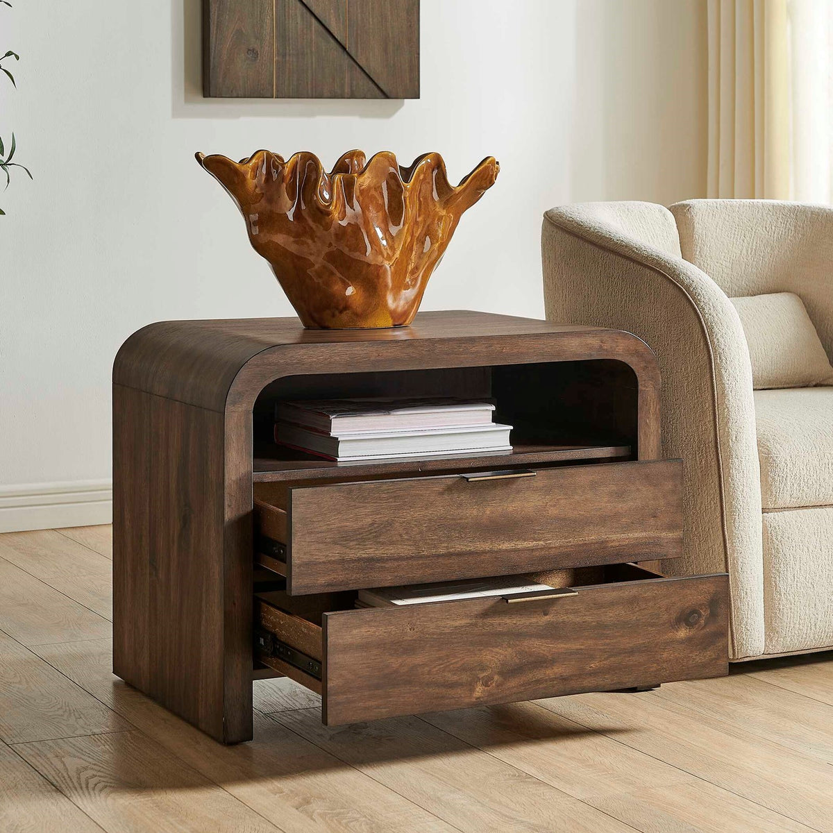 Uttermost Decatur Dark Walnut Side Table | Acacia Wood with Shelf & Drawers | Living Room & Bedroom | 30 x 19 x 23 in | Model 51158