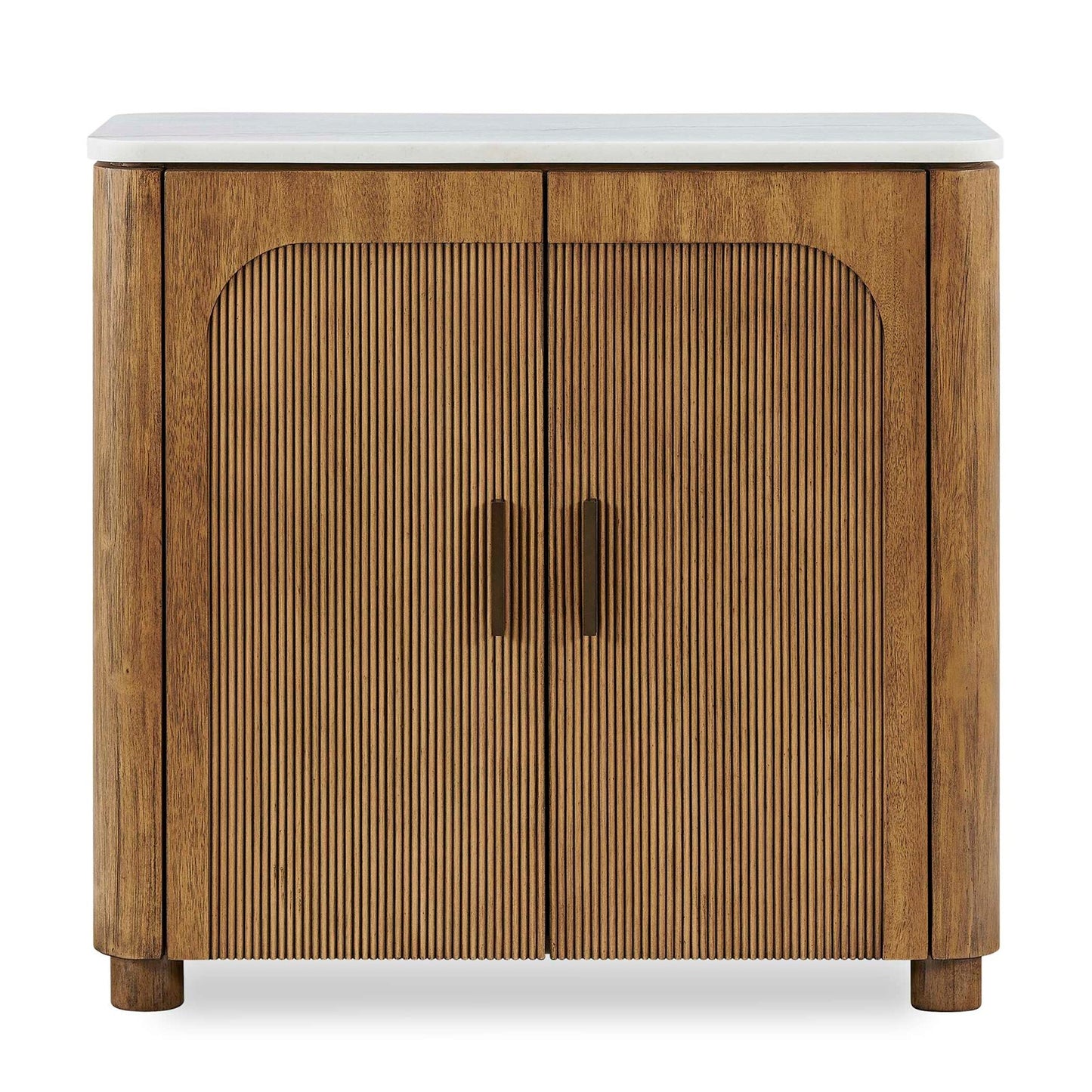 Uttermost Mebarak 32in Reeded 2 Door Cabinet | Honey Acacia & White Marble with Bronze Pulls | Living Room & Entryway Storage | Model 51159