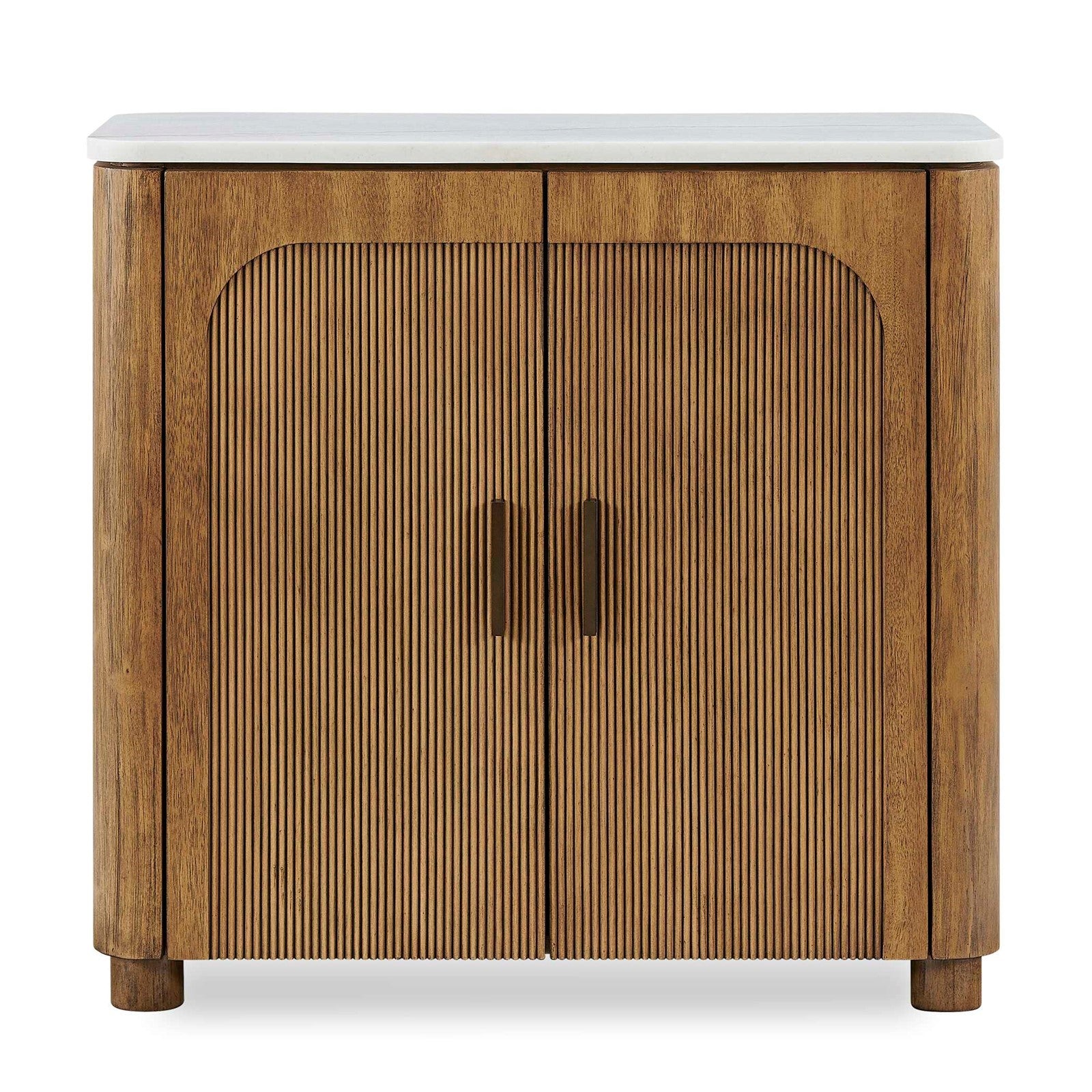 Uttermost Mebarak 32in Reeded 2 Door Cabinet | Honey Acacia & White Marble with Bronze Pulls | Living Room & Entryway Storage | Model 51159