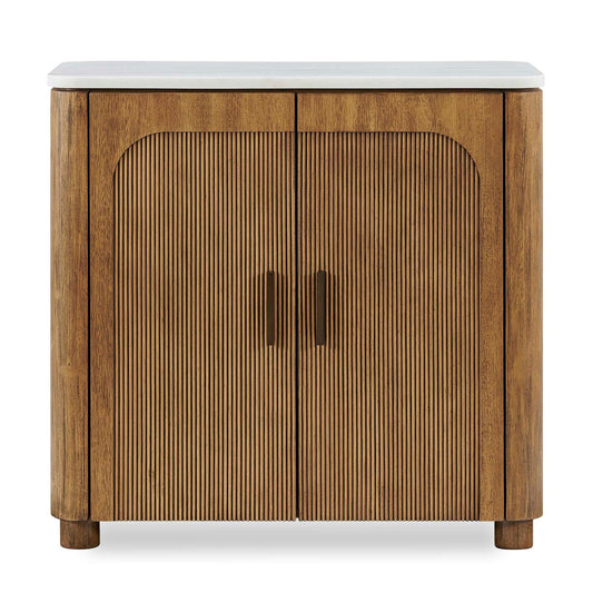 Uttermost Mebarak 32in Reeded 2 Door Cabinet | Honey Acacia & White Marble with Bronze Pulls | Living Room & Entryway Storage | Model 51159