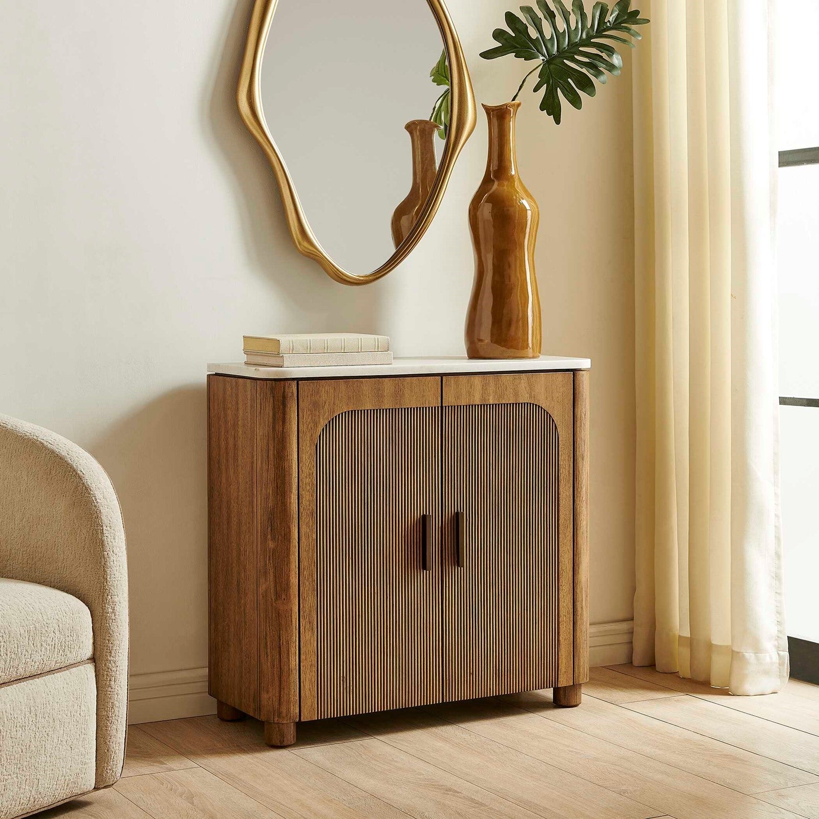 Uttermost Mebarak 32in Reeded 2 Door Cabinet | Honey Acacia & White Marble with Bronze Pulls | Living Room & Entryway Storage | Model 51159