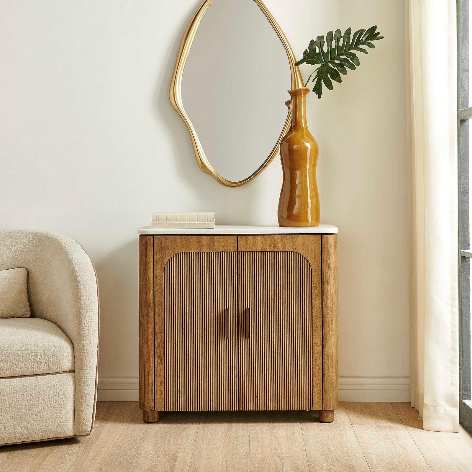 Uttermost Mebarak 32in Reeded 2 Door Cabinet | Honey Acacia & White Marble with Bronze Pulls | Living Room & Entryway Storage | Model 51159