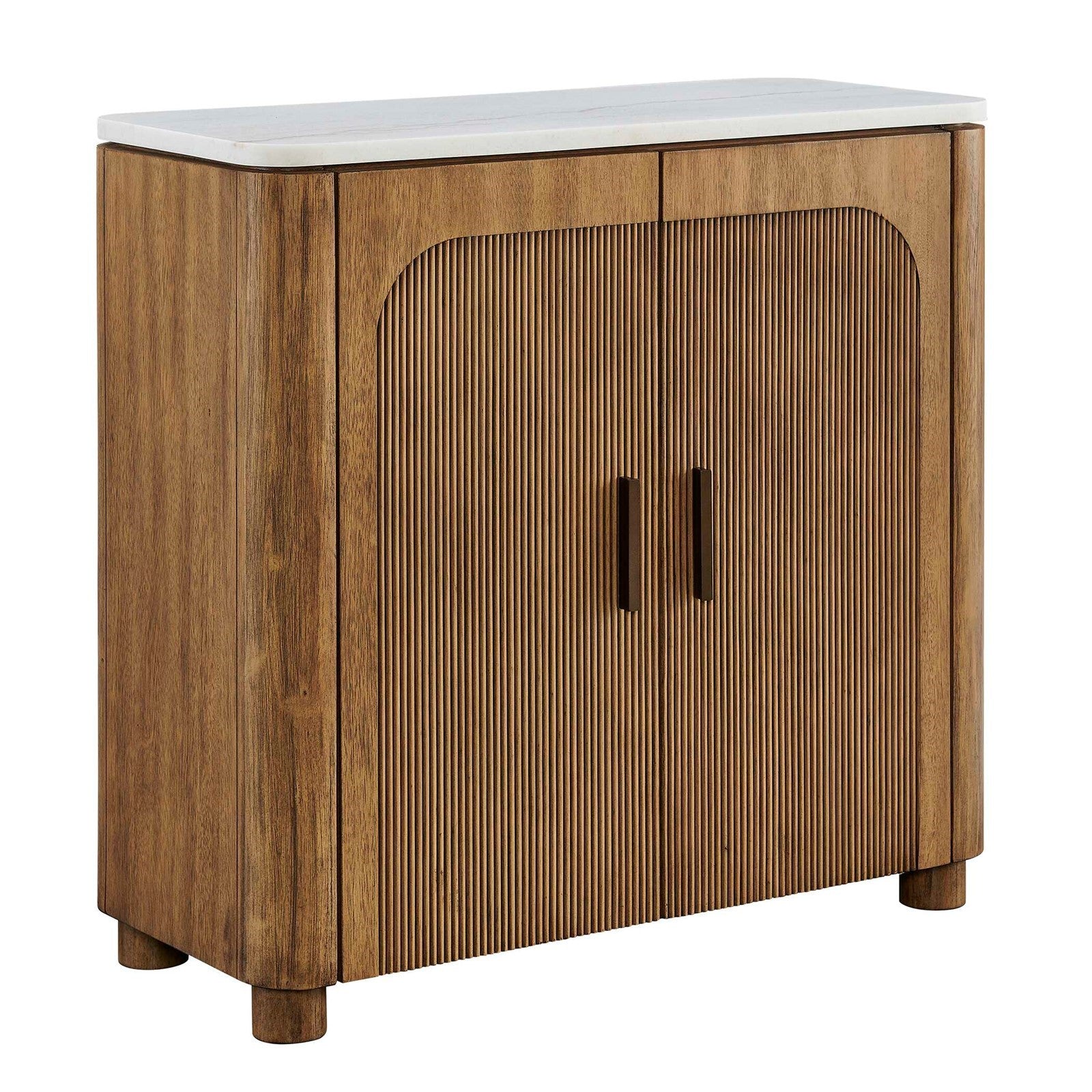 Uttermost Mebarak 32in Reeded 2 Door Cabinet | Honey Acacia & White Marble with Bronze Pulls | Living Room & Entryway Storage | Model 51159
