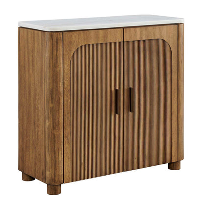 Uttermost Mebarak 32in Reeded 2 Door Cabinet | Honey Acacia & White Marble with Bronze Pulls | Living Room & Entryway Storage | Model 51159