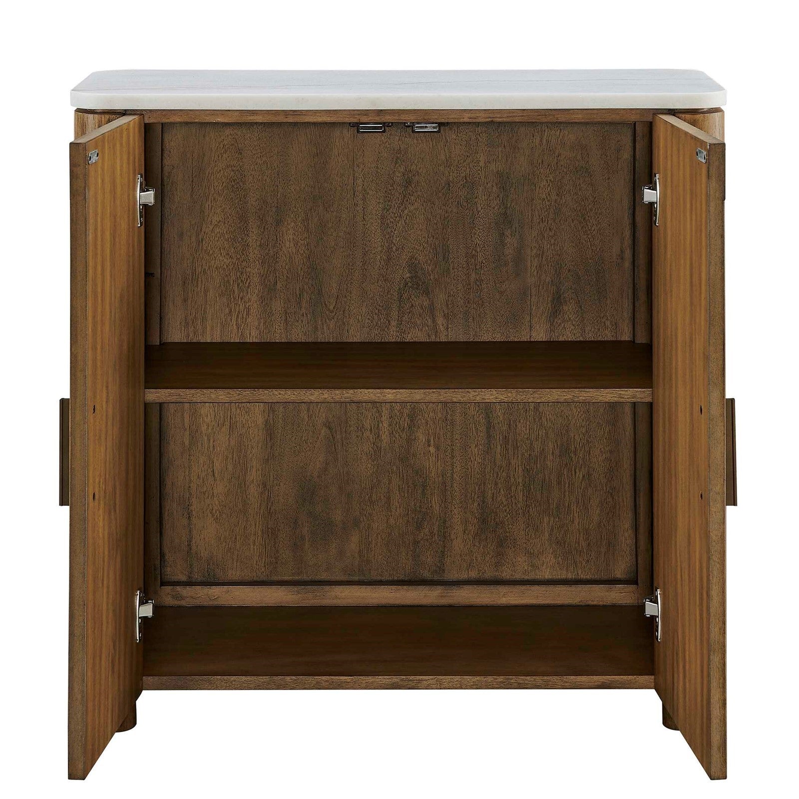 Uttermost Mebarak 32in Reeded 2 Door Cabinet | Honey Acacia & White Marble with Bronze Pulls | Living Room & Entryway Storage | Model 51159