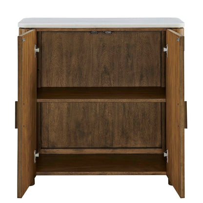Uttermost Mebarak 32in Reeded 2 Door Cabinet | Honey Acacia & White Marble with Bronze Pulls | Living Room & Entryway Storage | Model 51159