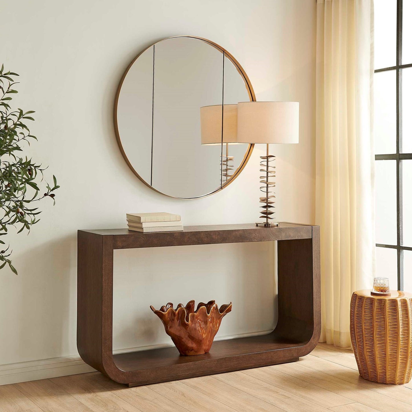 Uttermost Flores 58in Modern Console Table | Dark Walnut Oak & Burl Veneer | Entryway & Living Room Hall Table | 58 x 14 x 32 in | Model 51174