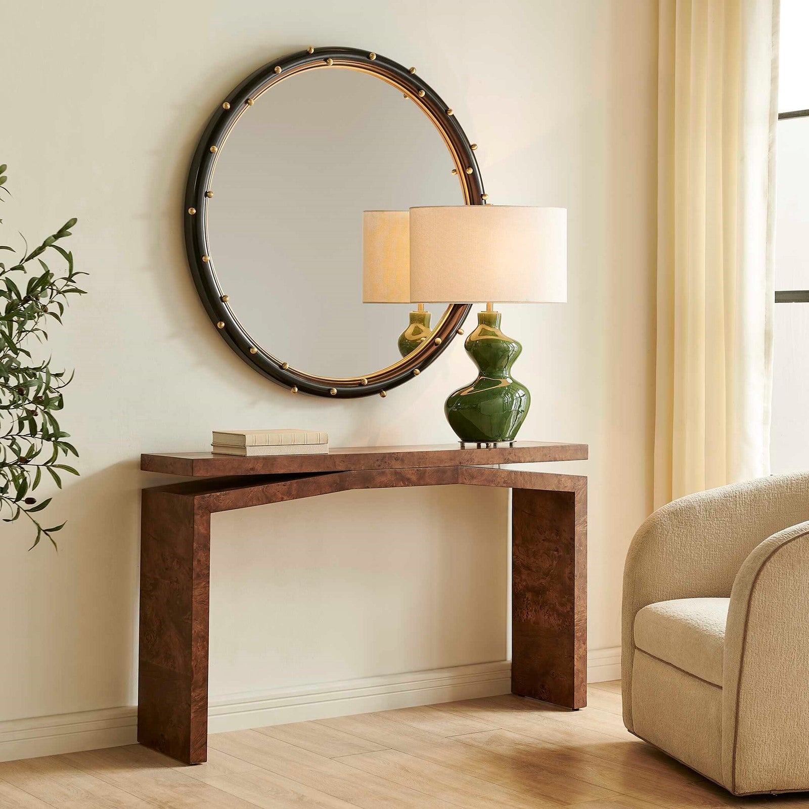 Uttermost Naoko 52in Burl Wood Console Table | Dark Walnut Mappa Burl Veneer | Entryway & Living Room Hall Table | 52 x 12 x 31 in | Model 51176