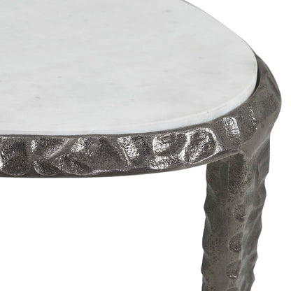 Uttermost Arnold 17.75in White Marble Accent Table | Cast Aluminum Hammered Dark Bronze Base | Living Room & Bedroom Side Table | Model 51178