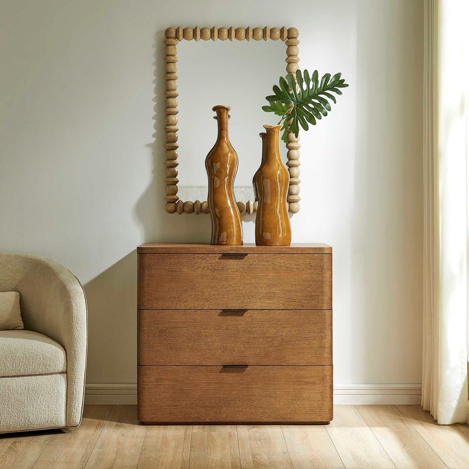 Uttermost Duluth 36in 3-Drawer Chest | Oak Veneer Natural Finish with Dark Bronze Pulls | Bedroom & Entryway Storage | 36 x 18 x 32 in | Model 51179