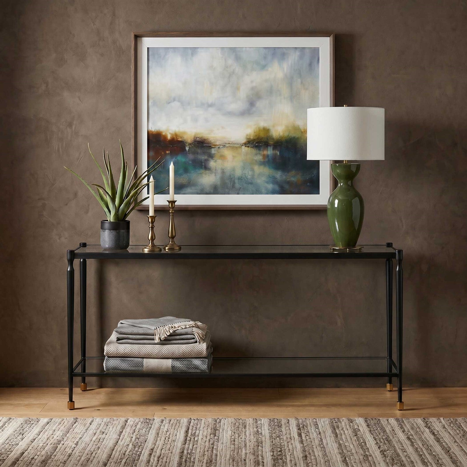 Uttermost Javana 60in Console Table | Iron Frame with Brass Accents and Tempered Glass Shelves | Entryway & Living Room | Model 51202