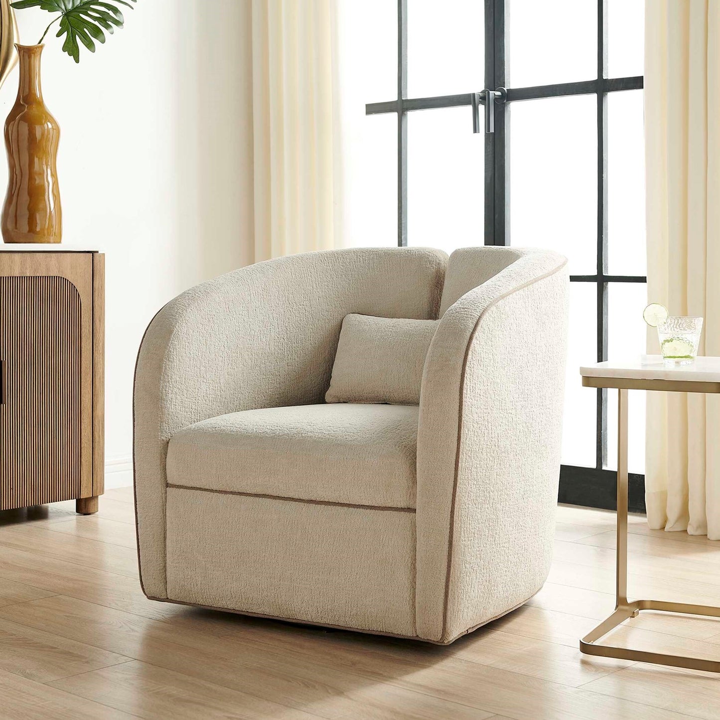 Uttermost Vega 30.6in Swivel Accent Chair | Ecru Chenille with Truffle Welt | Living Room & Reading Nook Seating | 30.6 x 30.7 x 30.3 in | Model 53144