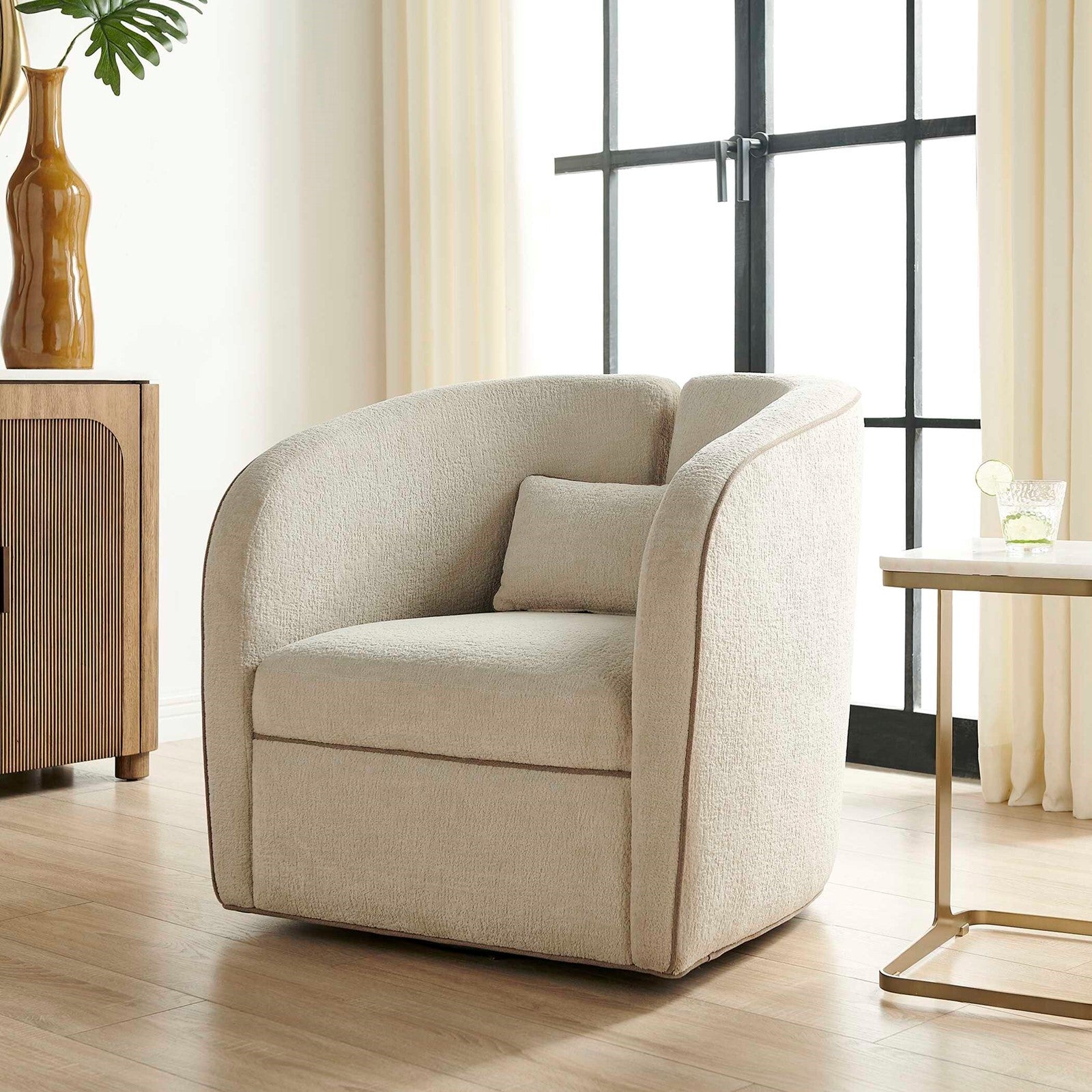 Uttermost Vega 30.6in Swivel Accent Chair | Ecru Chenille with Truffle Welt | Living Room & Reading Nook Seating | 30.6 x 30.7 x 30.3 in | Model 53144