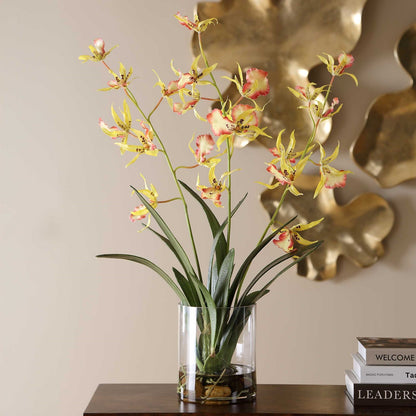 Uttermost Spider Orchid in Glass Vase | Coral & Yellow Faux Orchid | Living Room & Office Decor | 13.5 x 14 x 31 in | Model 60274
