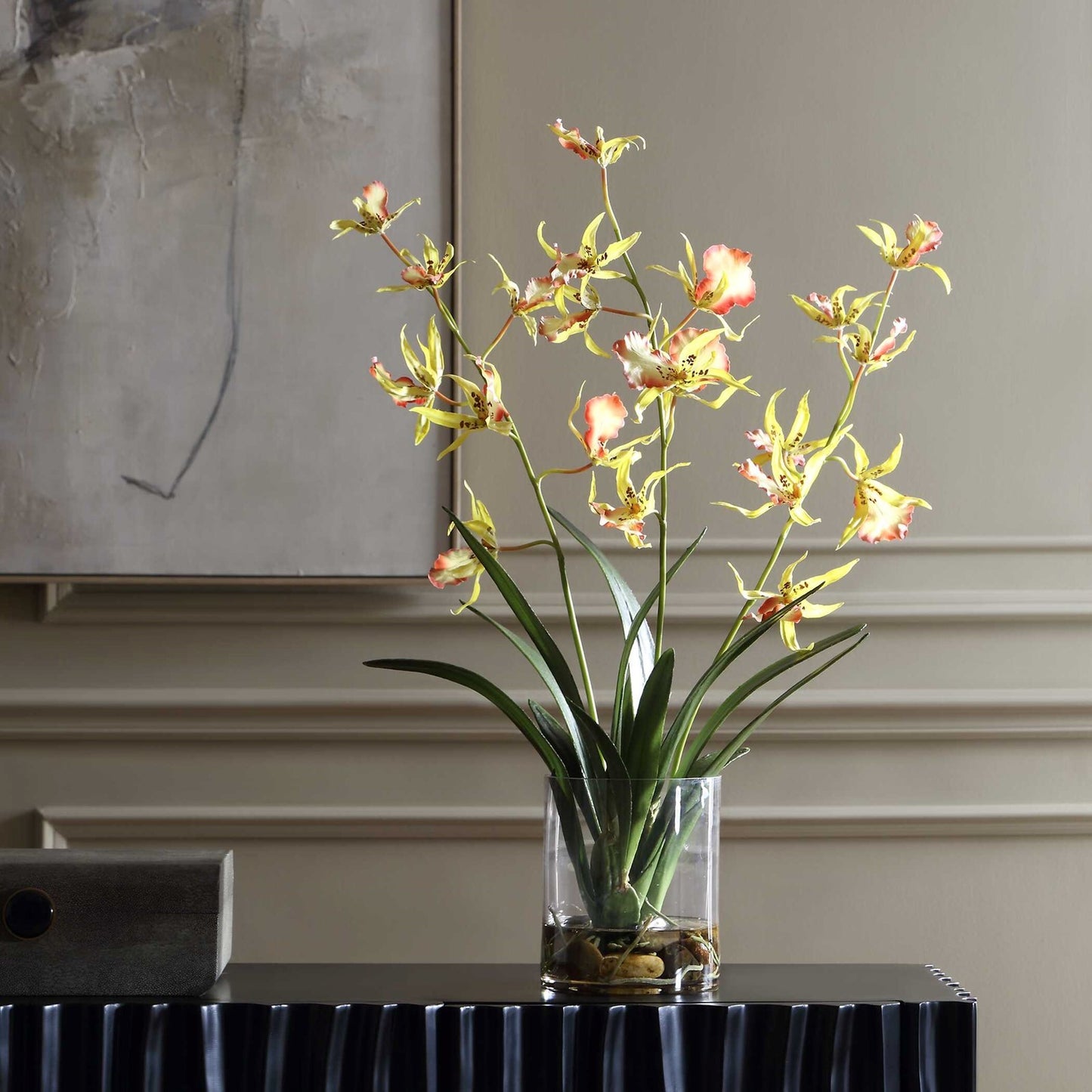 Uttermost Spider Orchid in Glass Vase | Coral & Yellow Faux Orchid | Living Room & Office Decor | 13.5 x 14 x 31 in | Model 60274