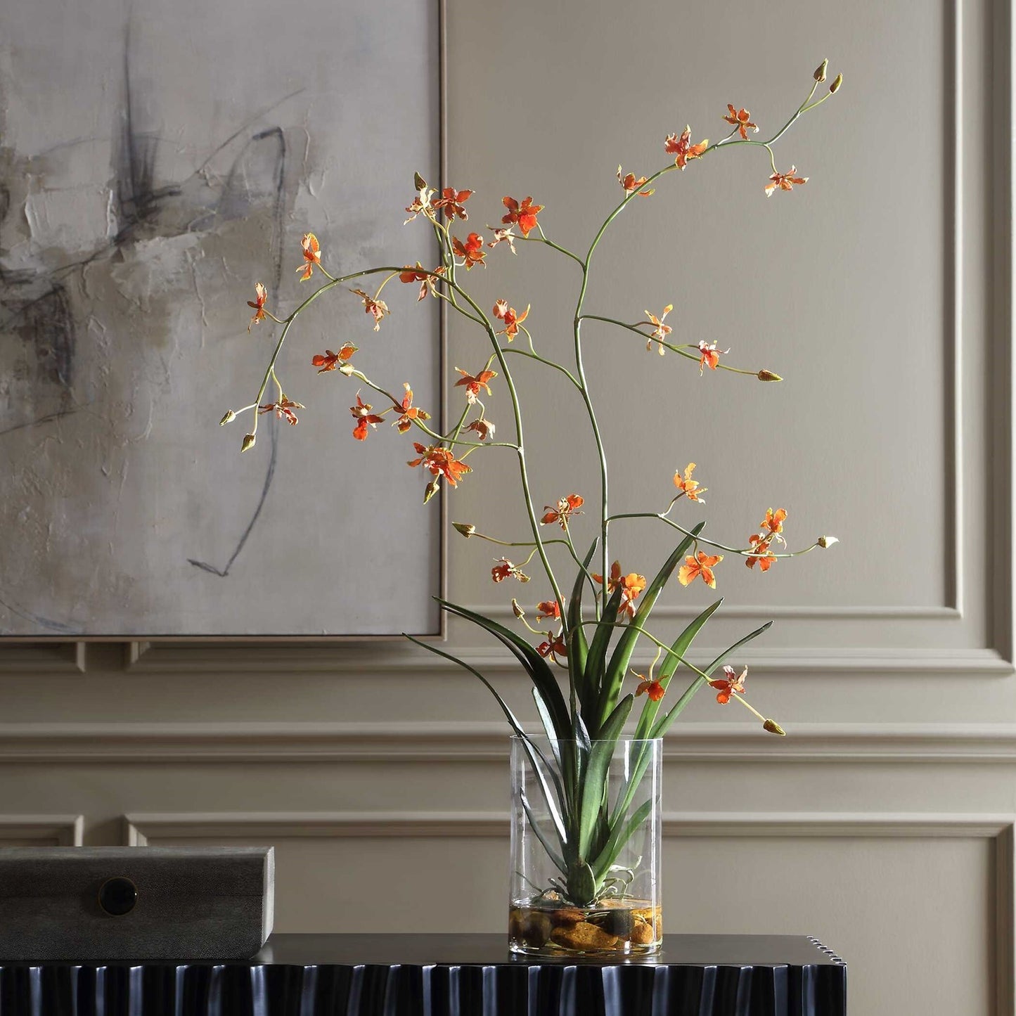 Uttermost Dancing Orchid in Glass Vase | Orange Faux Orchid | Living Room & Office Decor | 26 x 17.5 x 35 in | Model 60275