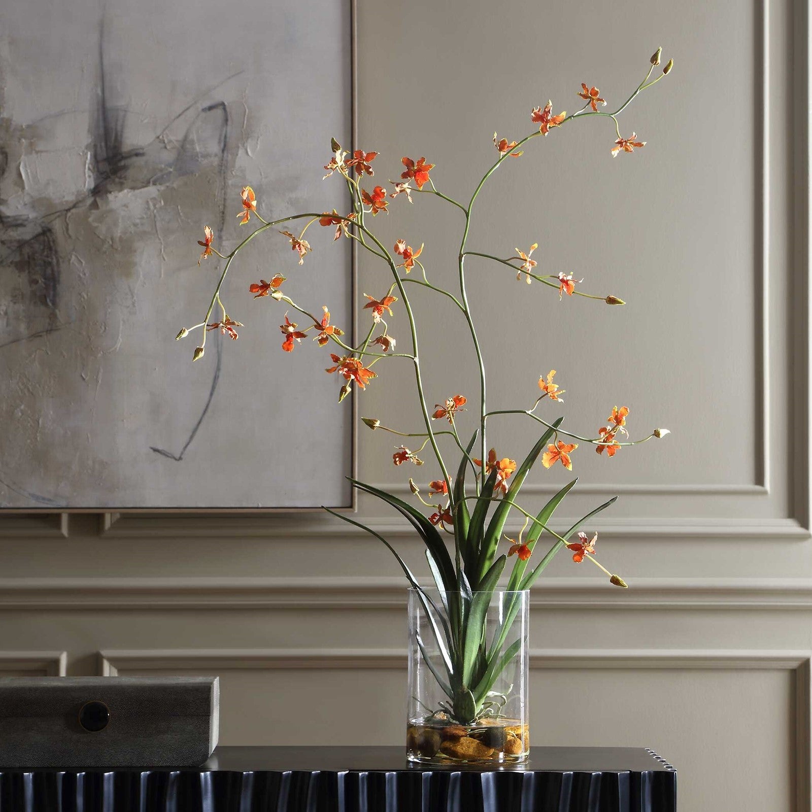 Uttermost Dancing Orchid in Glass Vase | Orange Faux Orchid | Living Room & Office Decor | 26 x 17.5 x 35 in | Model 60275
