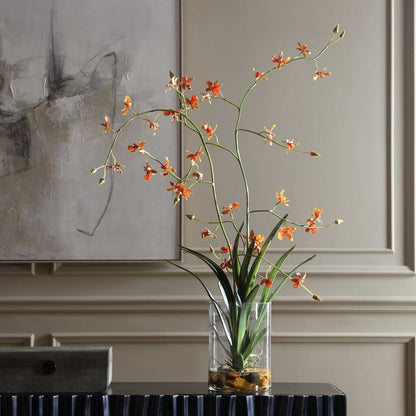 Uttermost Dancing Orchid in Glass Vase | Orange Faux Orchid | Living Room & Office Decor | 26 x 17.5 x 35 in | Model 60275