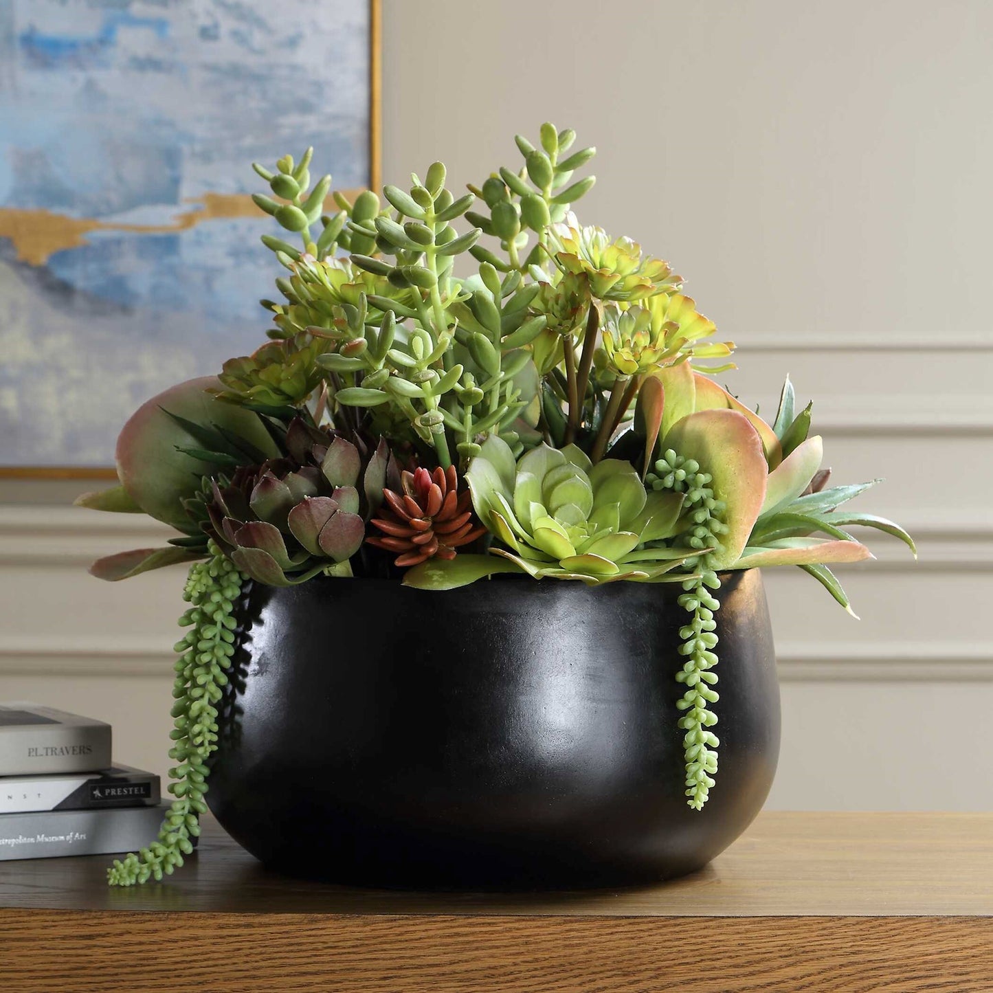 Uttermost Mico Succulent Centerpiece | Matte Black Vase with Green & Burgundy Faux Succulents | Indoor-Outdoor Table Decor | Model 60277