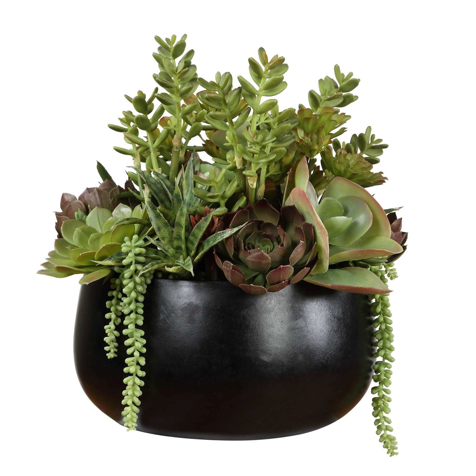 Uttermost Mico Succulent Centerpiece | Matte Black Vase with Green & Burgundy Faux Succulents | Indoor-Outdoor Table Decor | Model 60277