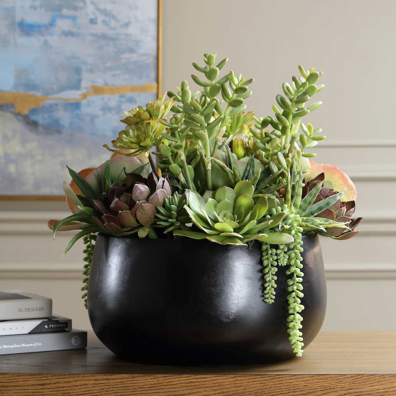Uttermost Mico Succulent Centerpiece | Matte Black Vase with Green & Burgundy Faux Succulents | Indoor-Outdoor Table Decor | Model 60277