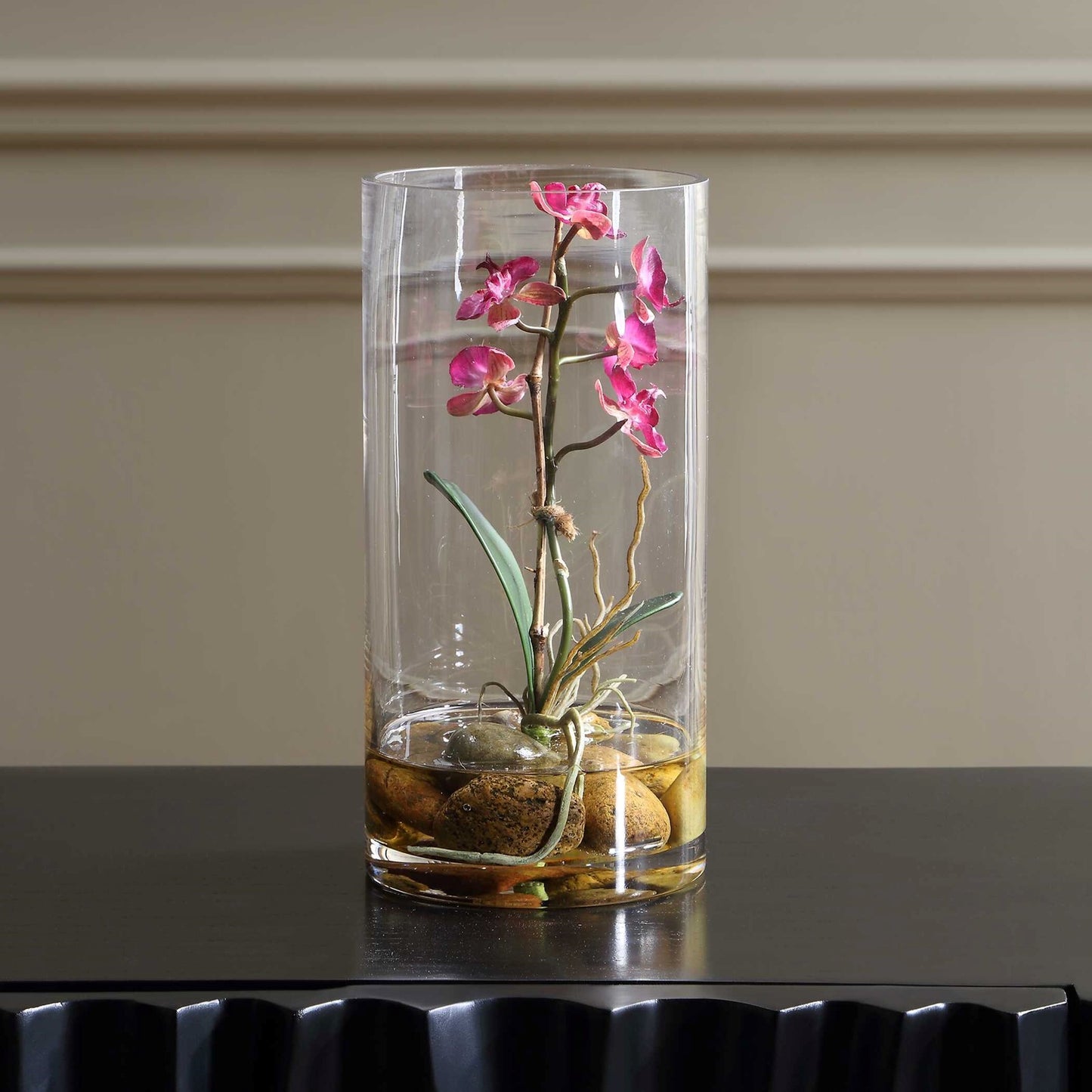 Uttermost Mariposa Fuchsia Orchid | Vibrant Pink-Purple Blooms in Glass Vase with Faux Water & Stones | Tabletop Accent | Model 60279