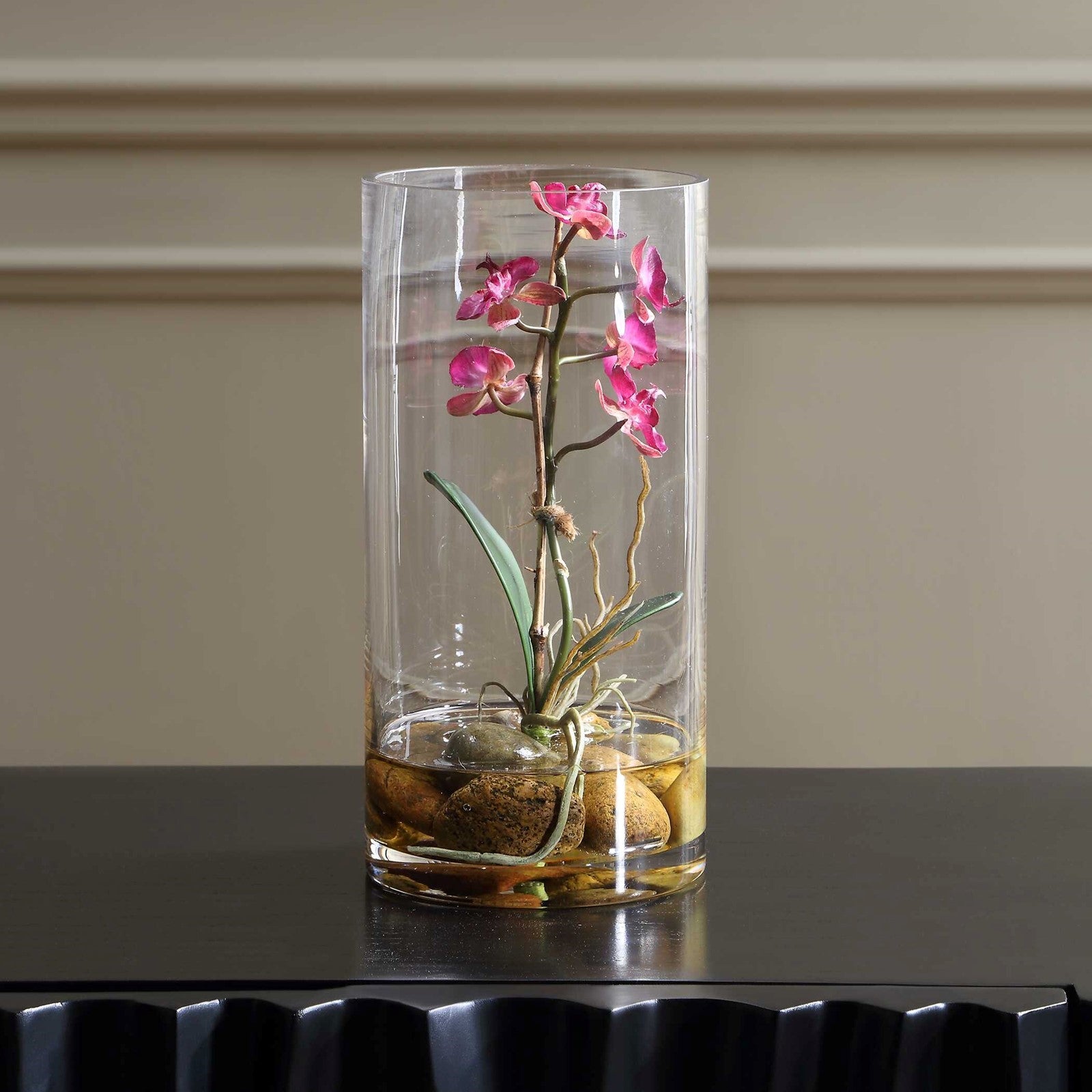 Uttermost Mariposa Fuchsia Orchid | Vibrant Pink-Purple Blooms in Glass Vase with Faux Water & Stones | Tabletop Accent | Model 60279