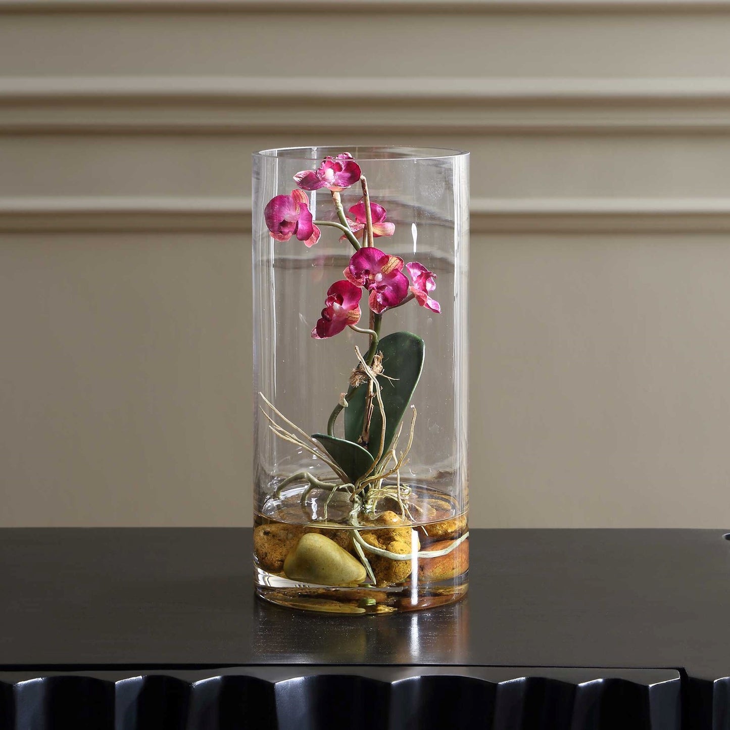 Uttermost Mariposa Fuchsia Orchid | Vibrant Pink-Purple Blooms in Glass Vase with Faux Water & Stones | Tabletop Accent | Model 60279