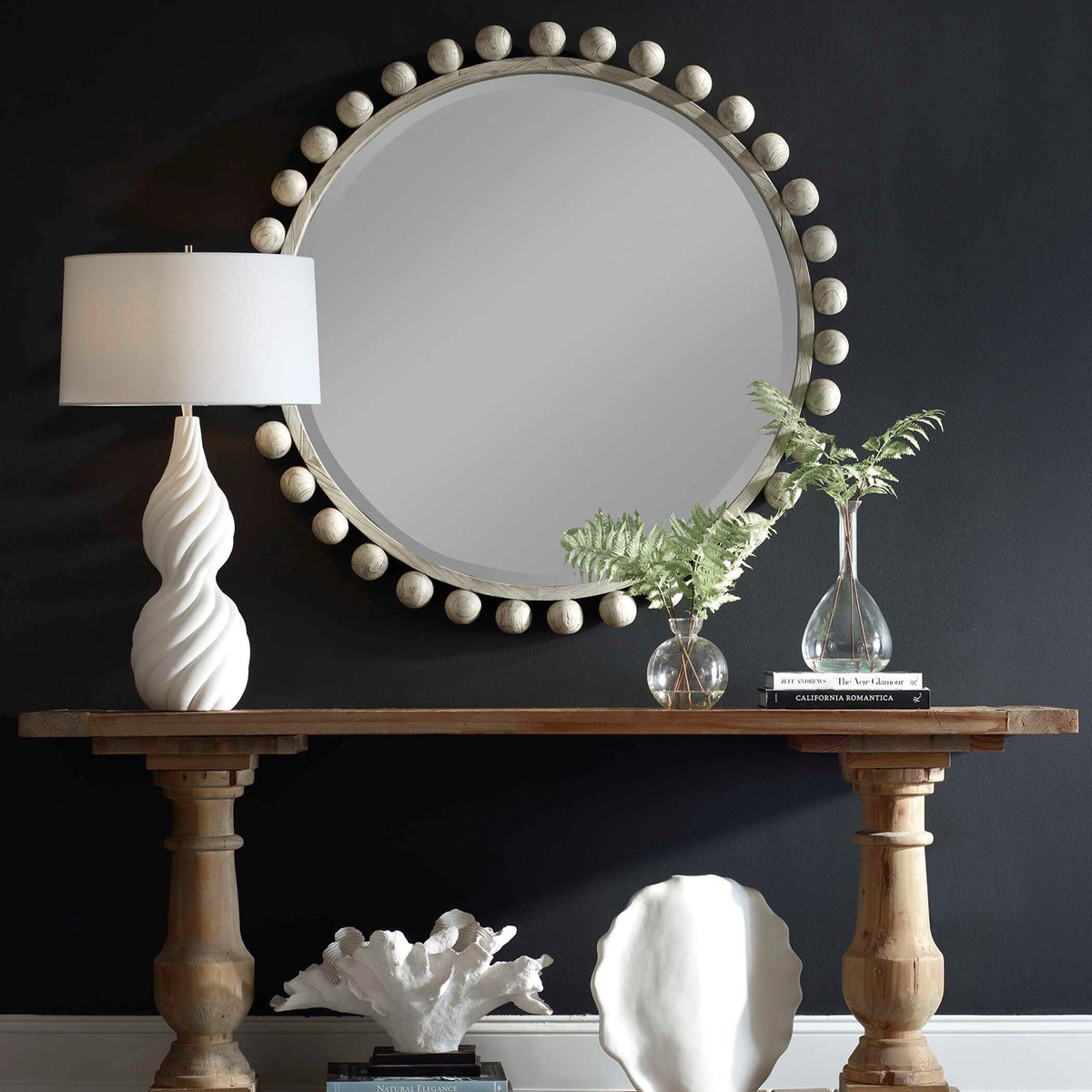 Uttermost Cyra 44in Round Wood Mirror | Solid Mahogany Spheres in Aged Ivory | Entryway & Bedroom Accent | 44 x 2.5 x 44 in | Model 8175