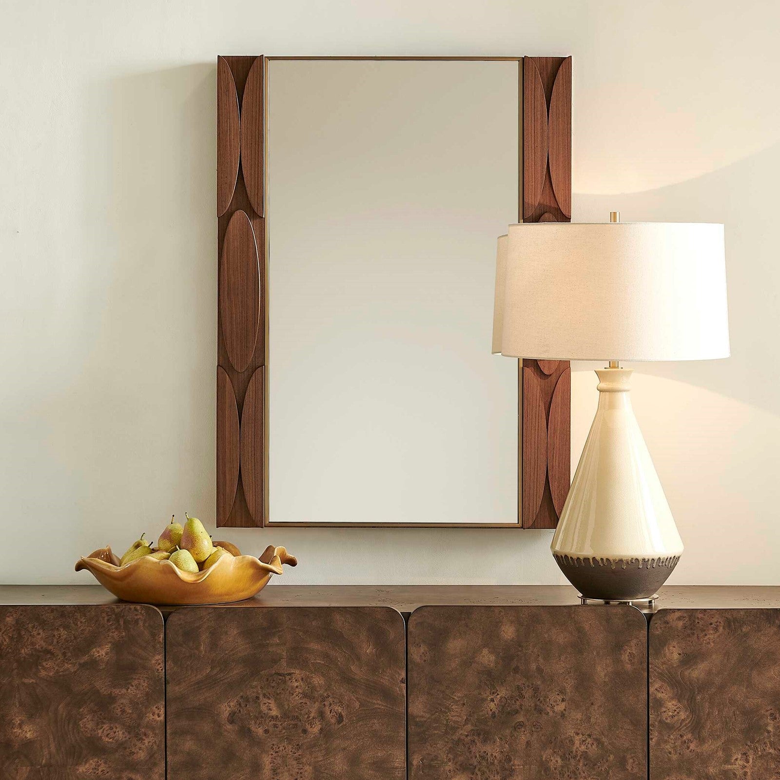 Uttermost Macario 30in Mid-Century Walnut Mirror | Walnut Veneer with Antique Gold Edge | Living Room & Bedroom Wall Mirror | Model 8397