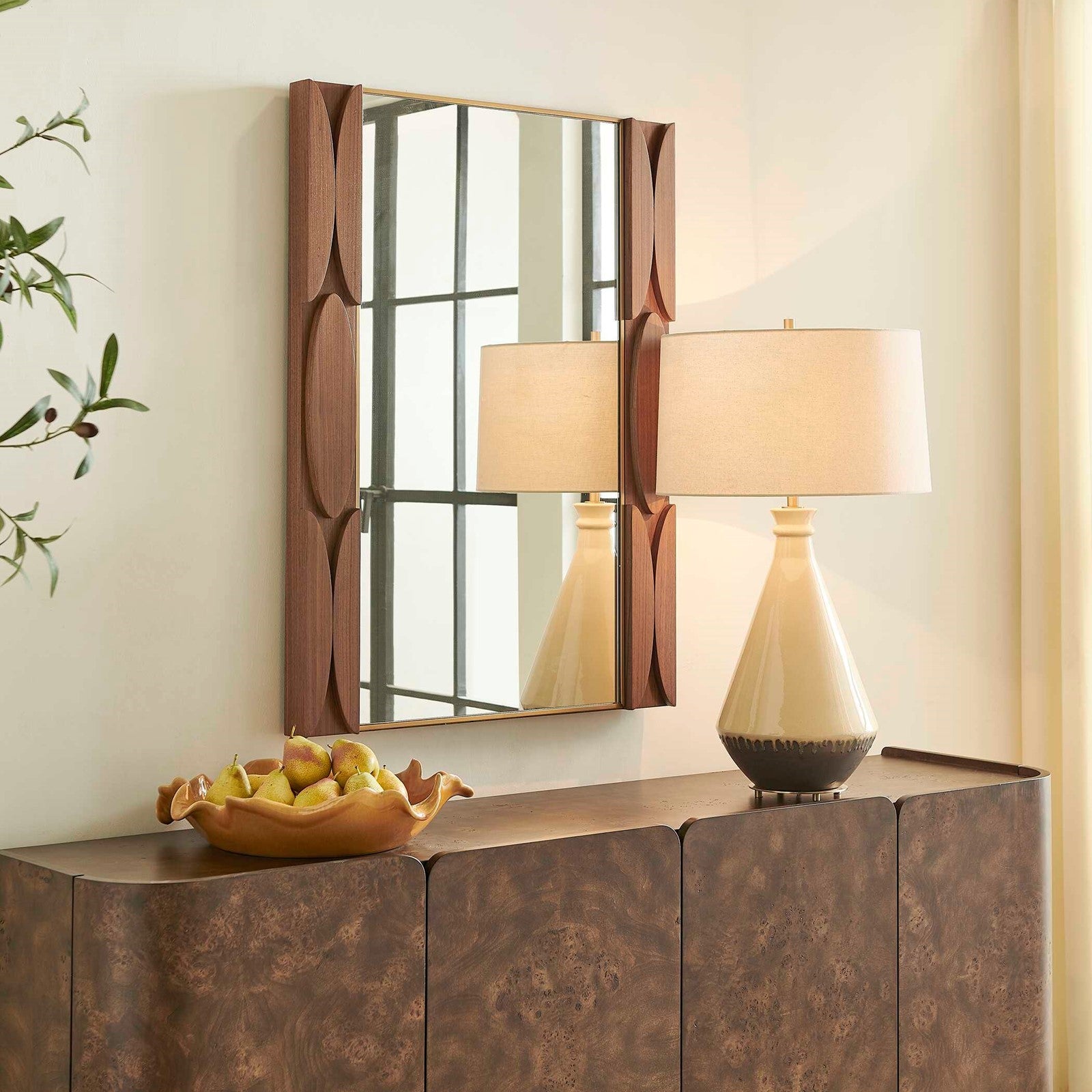 Uttermost Macario 30in Mid-Century Walnut Mirror | Walnut Veneer with Antique Gold Edge | Living Room & Bedroom Wall Mirror | Model 8397