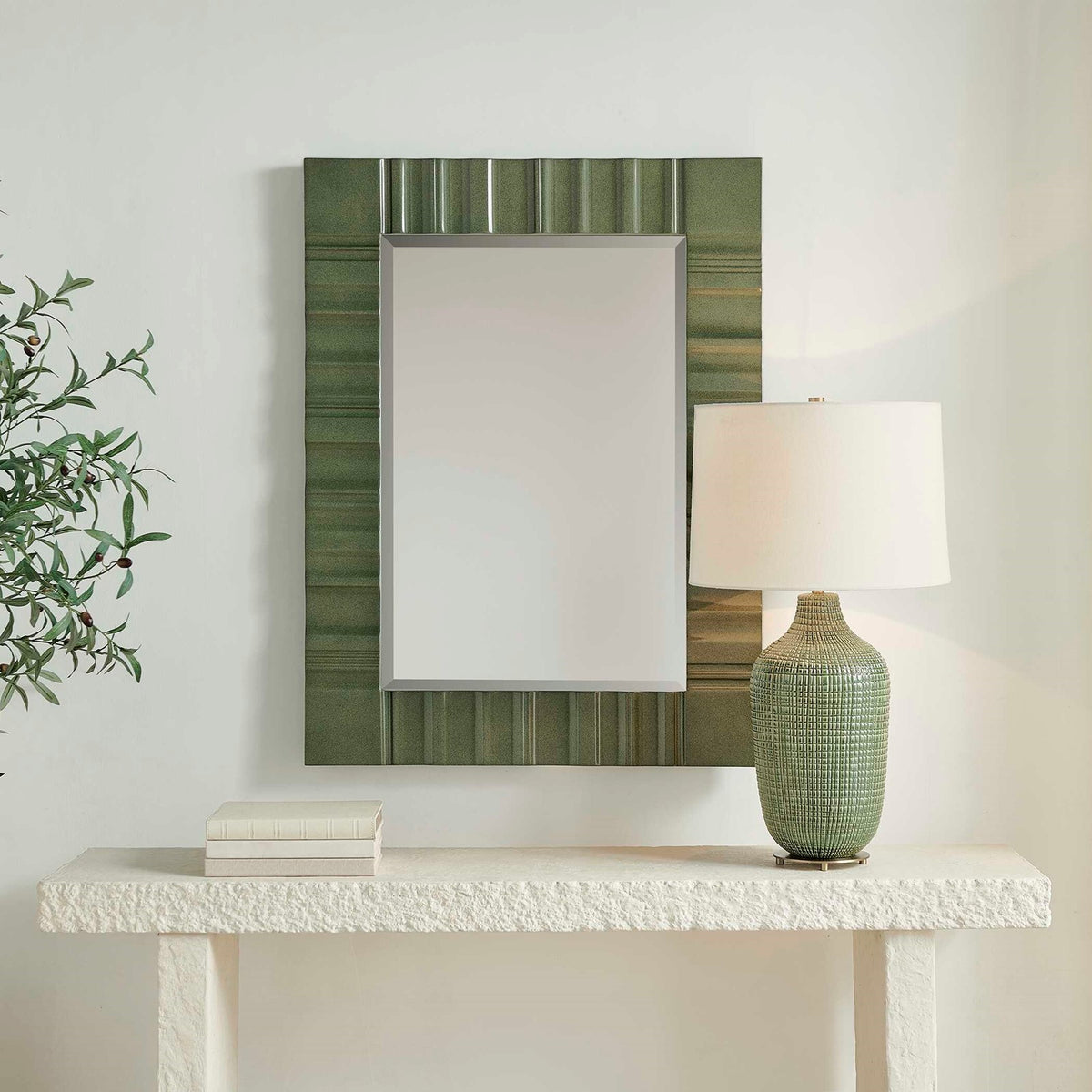 Uttermost Quincey 30x40in Olive Green Wood Mirror | Architectural Carved MDF Frame | Entryway & Living Room Wall Mirror | Model 8405