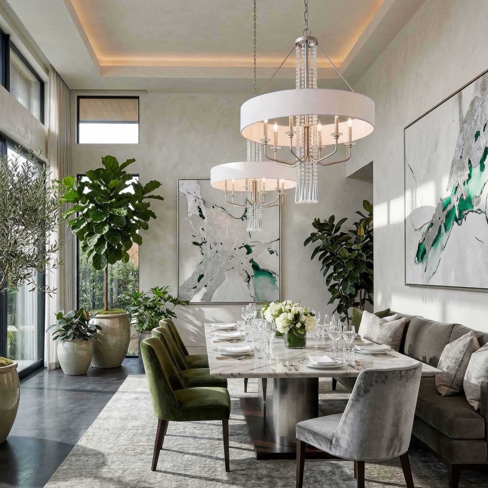 Varaluz Barcelona 6 Light Pendant, Transcend Silver/White