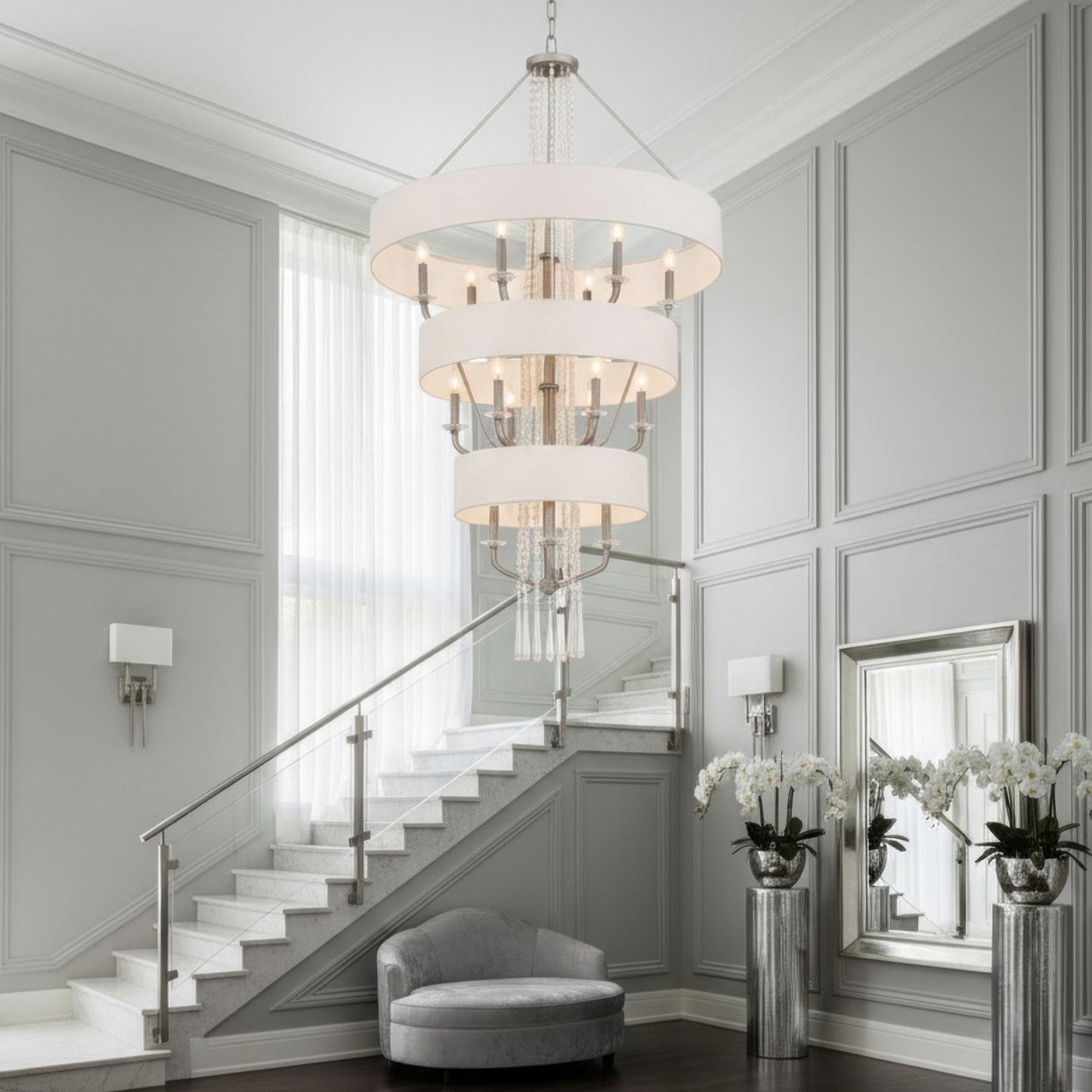 Varaluz Barcelona 15 Light Pendant, Transcend Silver/White