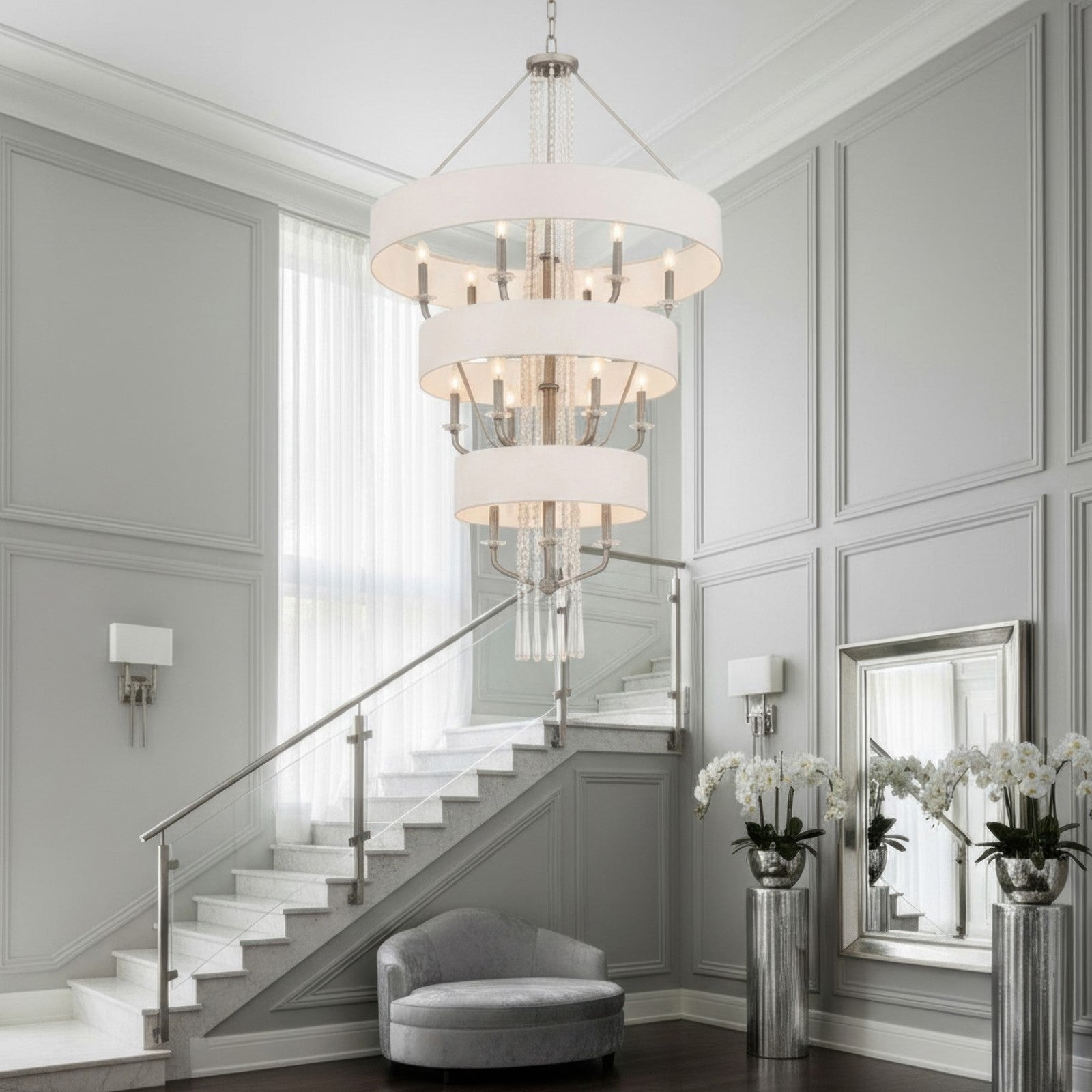 Varaluz Barcelona 15 Light Pendant, Transcend Silver/White